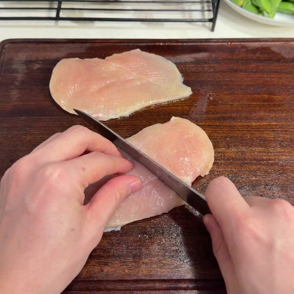 Un couteau découpant du blanc de poulet cru en cubes sur une planche à découper en bois.