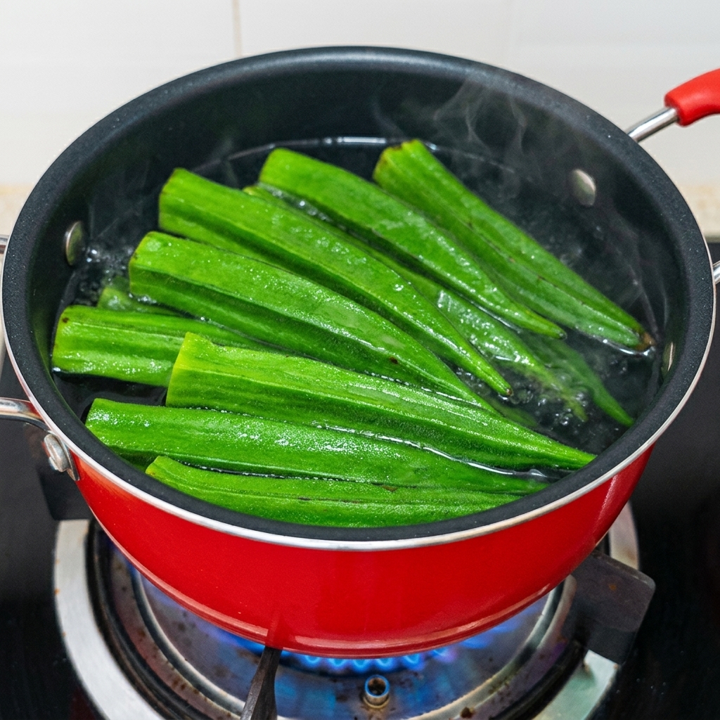 Des gombos verts bouillonnant vigoureusement dans une casserole rouge avec de leau assaisonnée.