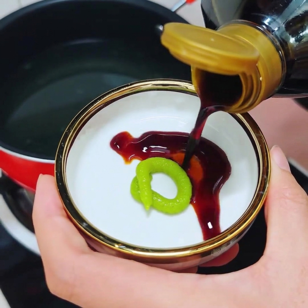 Sauce soja noire coulant dune bouteille dans une petite soucoupe à côté dun anneau vert de wasabi.