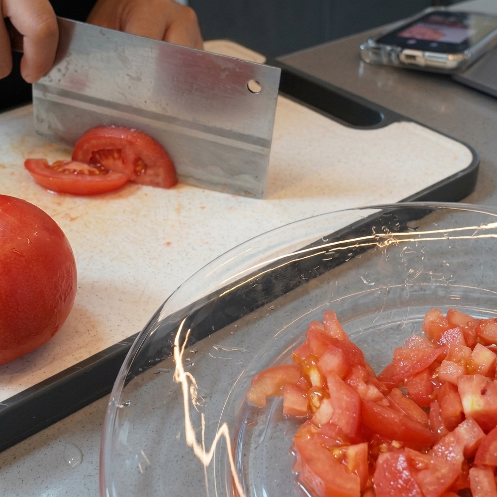 Tomates émondées coupées en petits morceaux sur une planche à découper à laide dun couperet.
