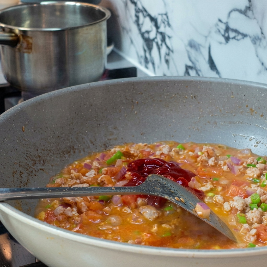 Une cuillerée de concentré de tomates épais ajoutée au mélange frémissant dans la poêle avec une spatule.