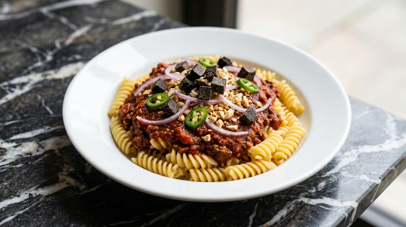 Pâtes à la sauce à la viande, tomates rôties et truffe noire