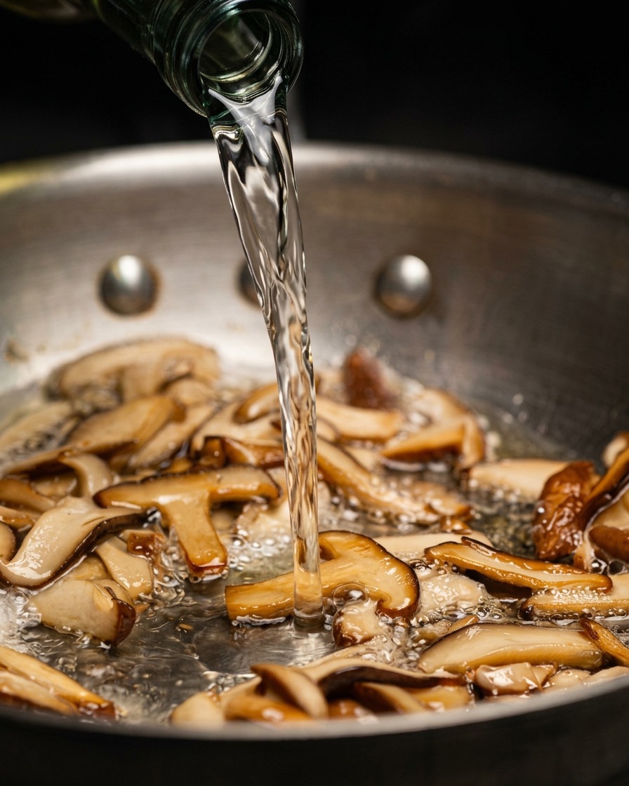 Un liquide de cuisson clair versé dune bouteille dans une poêle remplie de champignons en cuisson.