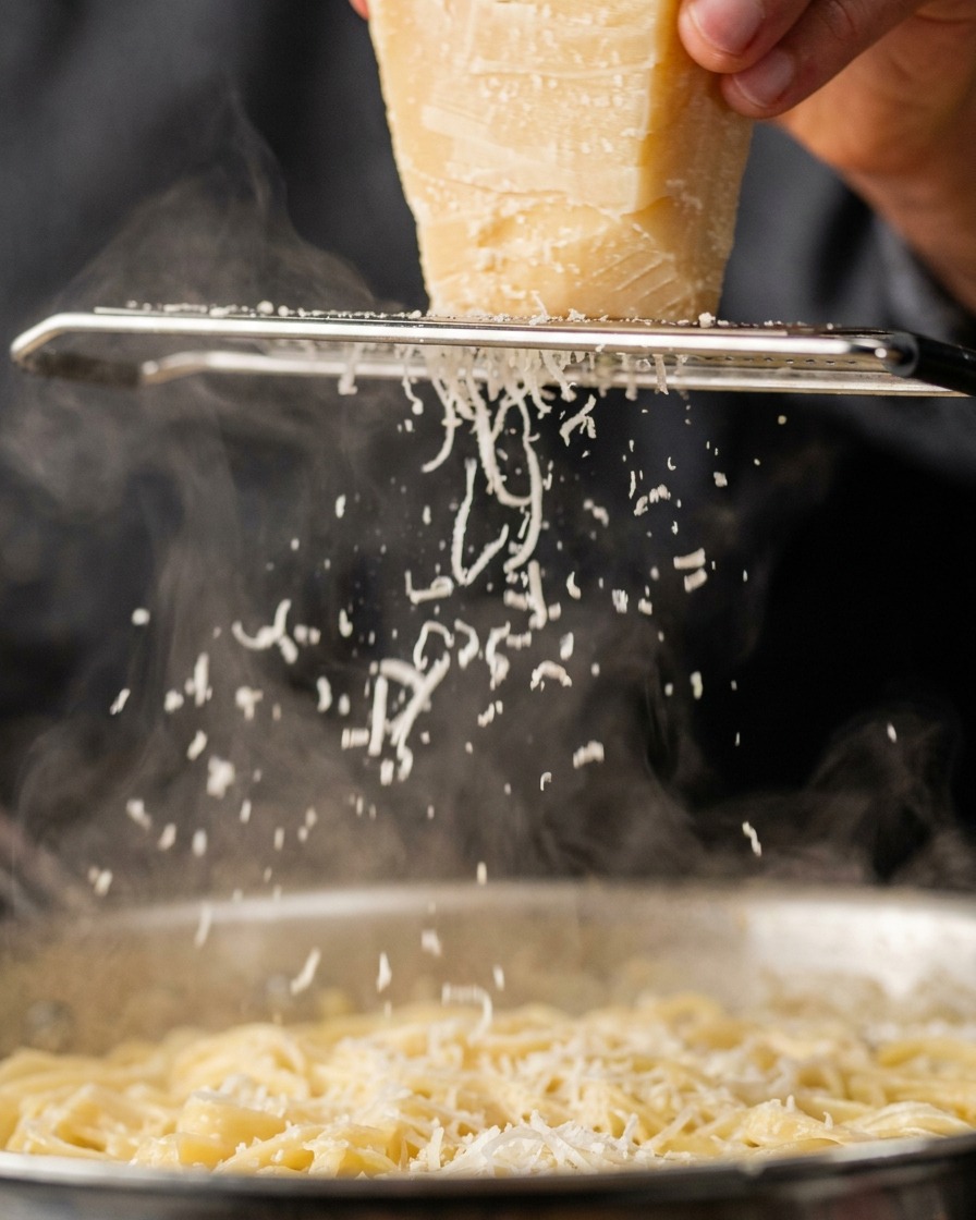 Du fromage fraîchement râpé tombant dune râpe en métal dans une sauce crémeuse frémissante à la poêle.