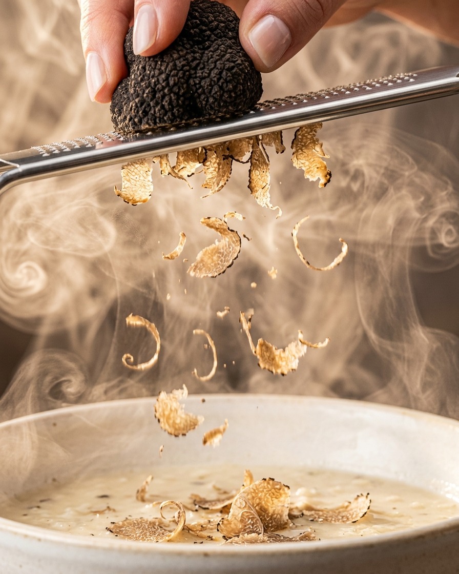 De fins copeaux de truffe noire fraîche tombant dune râpe dans un bol de sauce crémeuse.