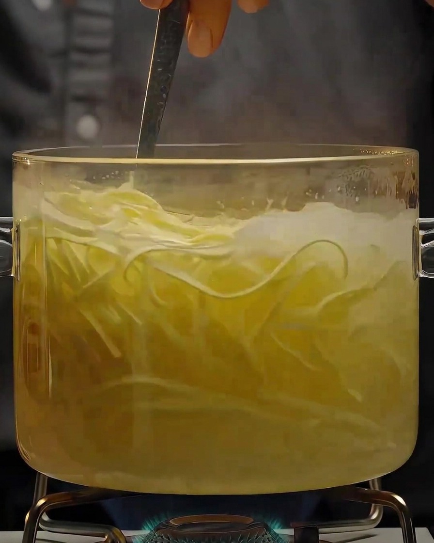 De longues pâtes en train de cuire et dêtre remuées dans une casserole en verre bouillonnante remplie deau.