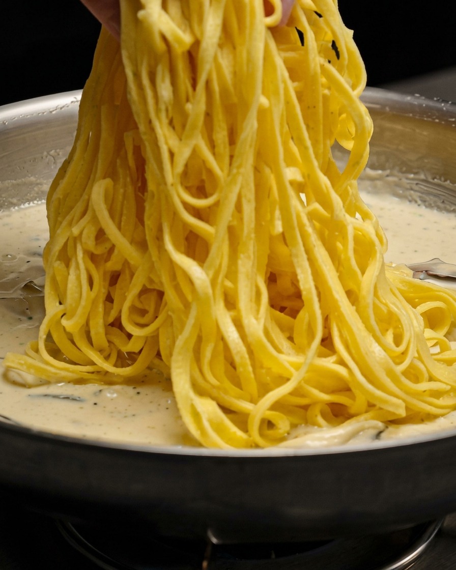 Une portion de pâtes jaunes soulevée et mélangée dans une sauce crémeuse aux champignons dans une poêle.