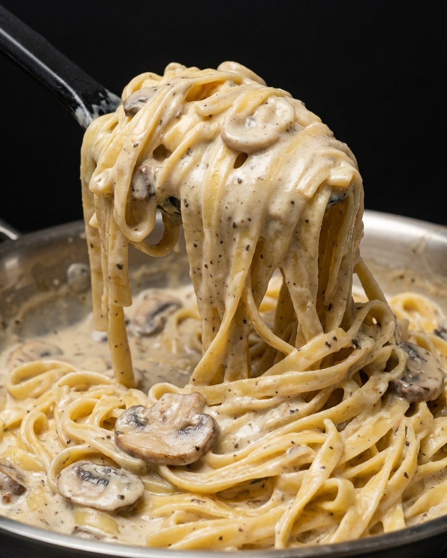 Une pince de cuisine noire soulevant une portion enroulée de pâtes crémeuses aux champignons hors de la poêle.