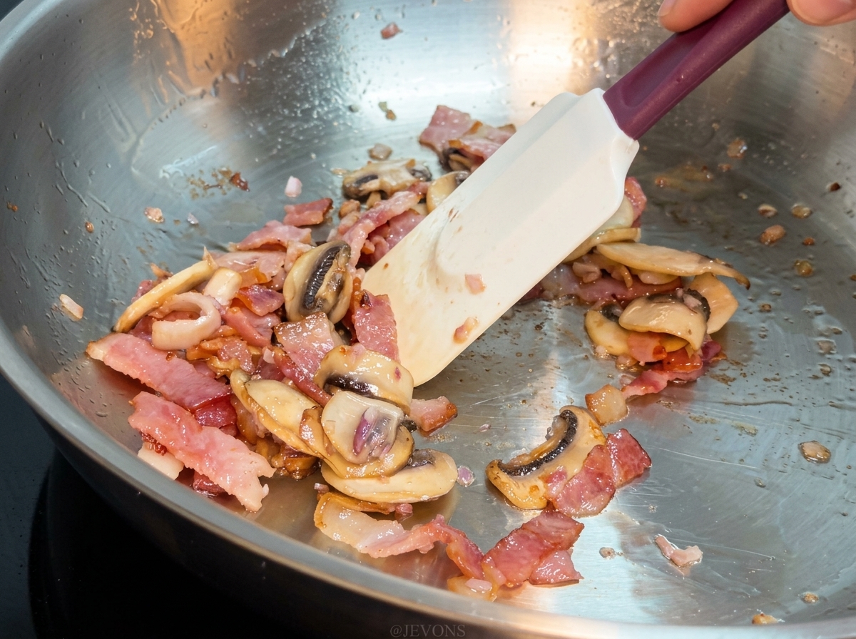Une spatule en silicone mélangeant les pâtes cuites, les lardons et les champignons dans une poêle en métal.