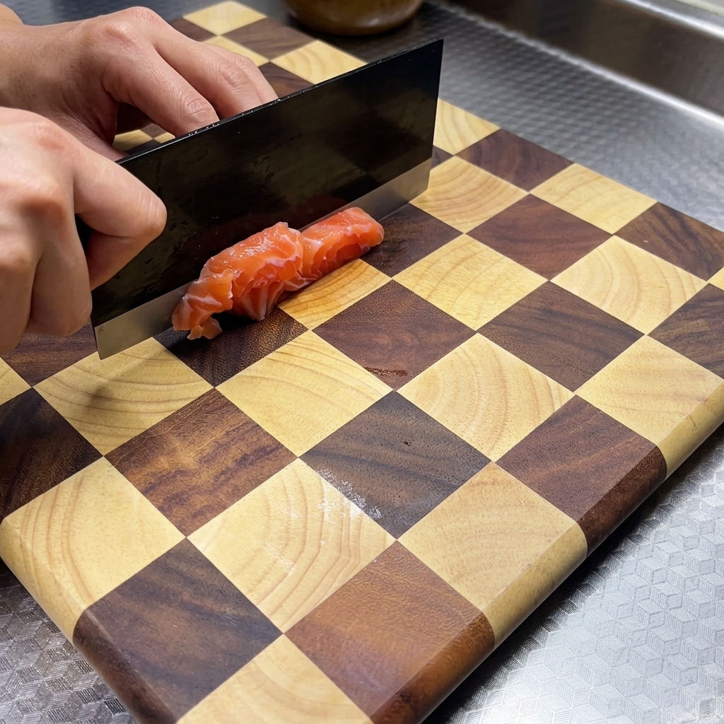 Des filets de saumon découpés en cubes dun centimètre sur une planche à découper en bois à laide dun couperet.