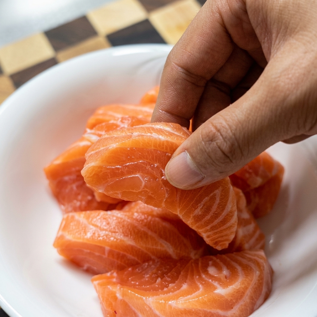 Morceaux de saumon frais assaisonnés de sauce soja dans un bol blanc.