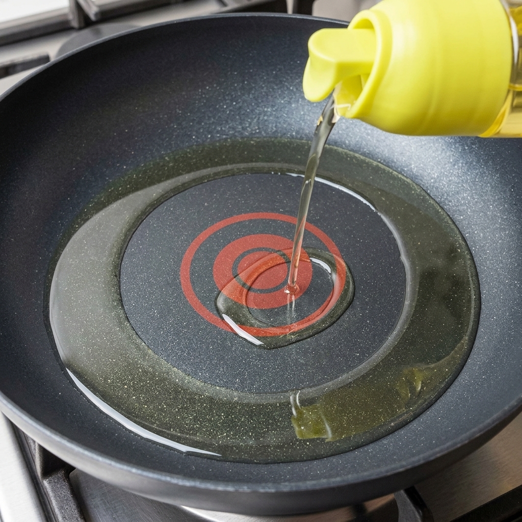 Huile de cuisson versée dans une poêle antiadhésive chauffée.