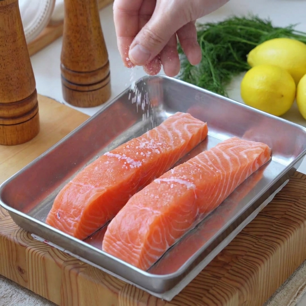 Filets de saumon frais assaisonnés de gros sel de mer et de poivre noir frottés à la main dans un plateau en acier inoxydable.