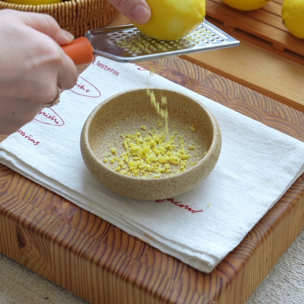 Zeste de citron râpé avec une râpe en métal tombant dans un petit bol en céramique doublé dun linge blanc.