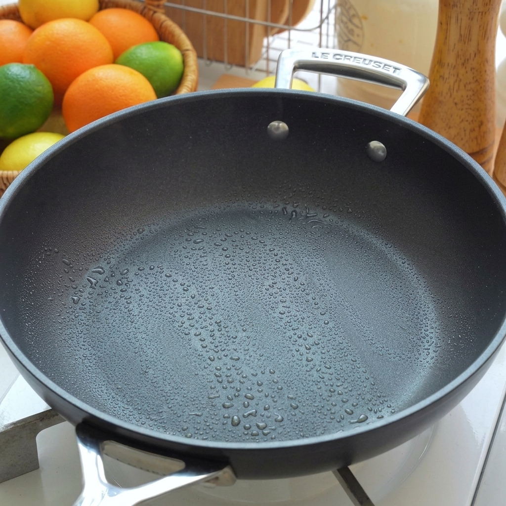 Une poêle antiadhésive foncée et chaude recouverte dune fine couche de gouttelettes dhuile dolive scintillantes sur une table de cuisson.