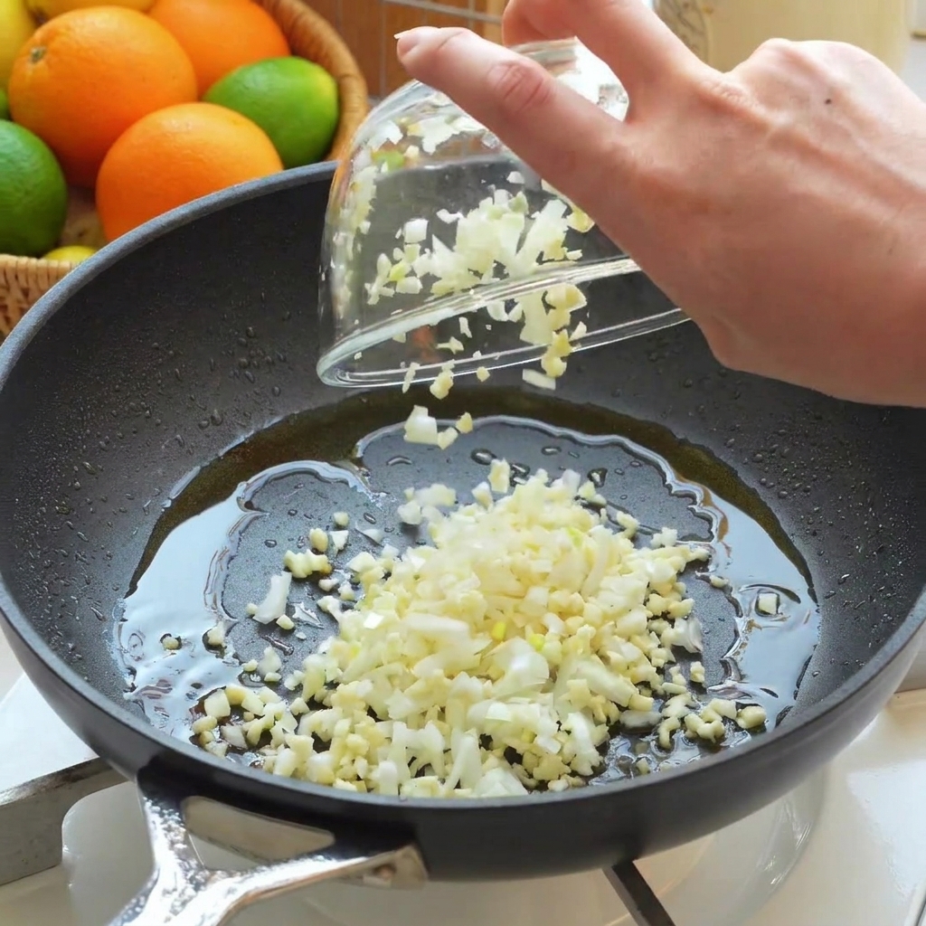 Oignons hachés, ail émincé et zeste de citron versés dun bol en verre dans une poêle à frire avec de lhuile.