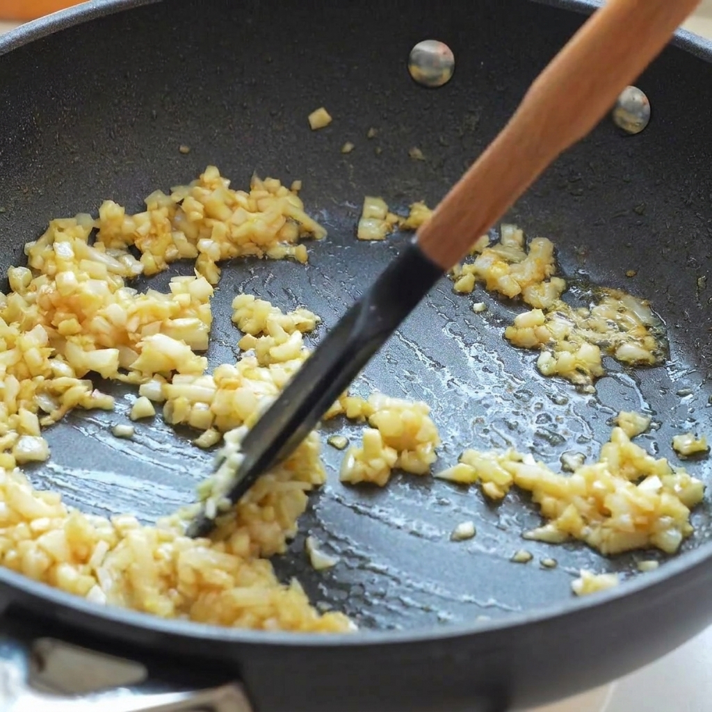 Eau versée dans une poêle avec des oignons et de lail sautés, remuée avec une spatule en bois.
