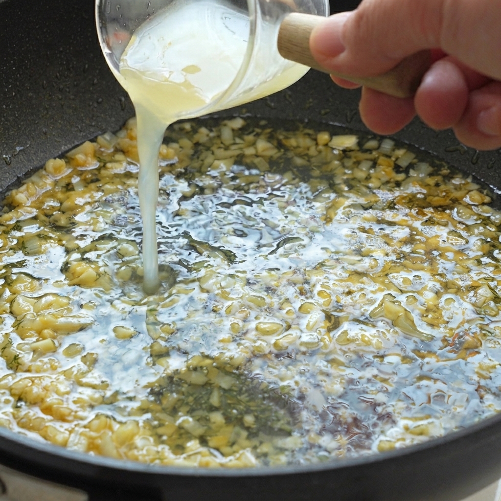 Jus de citron frais versé dune tasse à mesurer en verre dans une poêle avec de lail et des oignons sautés.