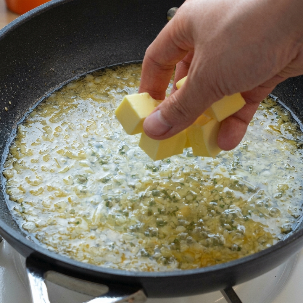 Cubes de beurre ajoutés à la main dans une poêle frémissante avec de la sauce au citron.