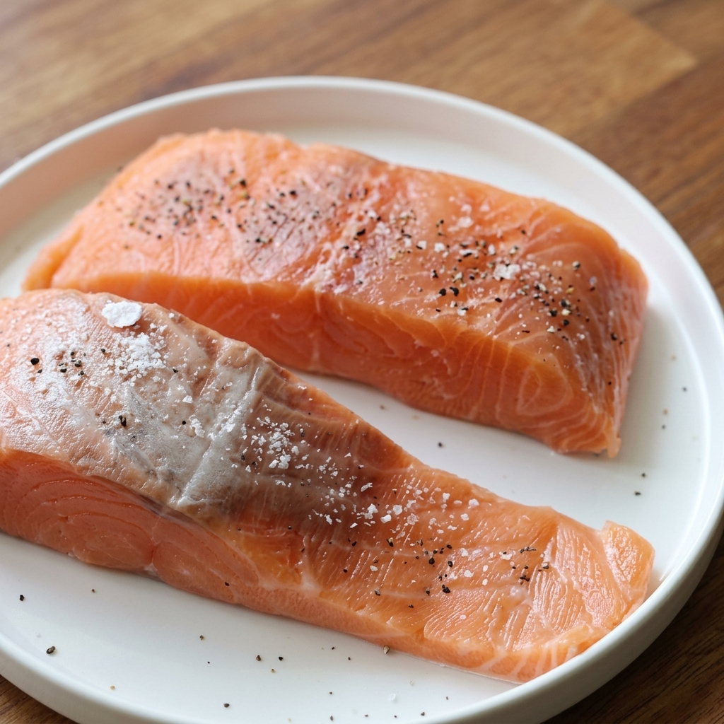 Deux filets de saumon crus sur une assiette blanche généreusement assaisonnés de gros sel et de poivre noir.
