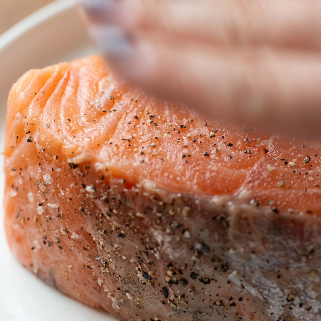 Une main pressant et frottant doucement du gros sel et du poivre noir sur un filet de saumon cru.