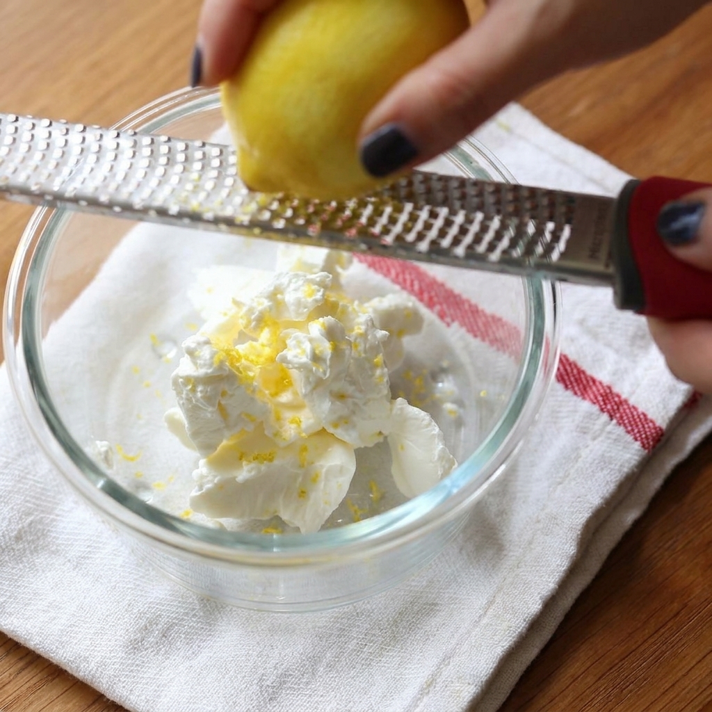 Des mains utilisant une râpe pour zester un citron entier au-dessus dun bol en verre contenant du fromage frais ramolli.