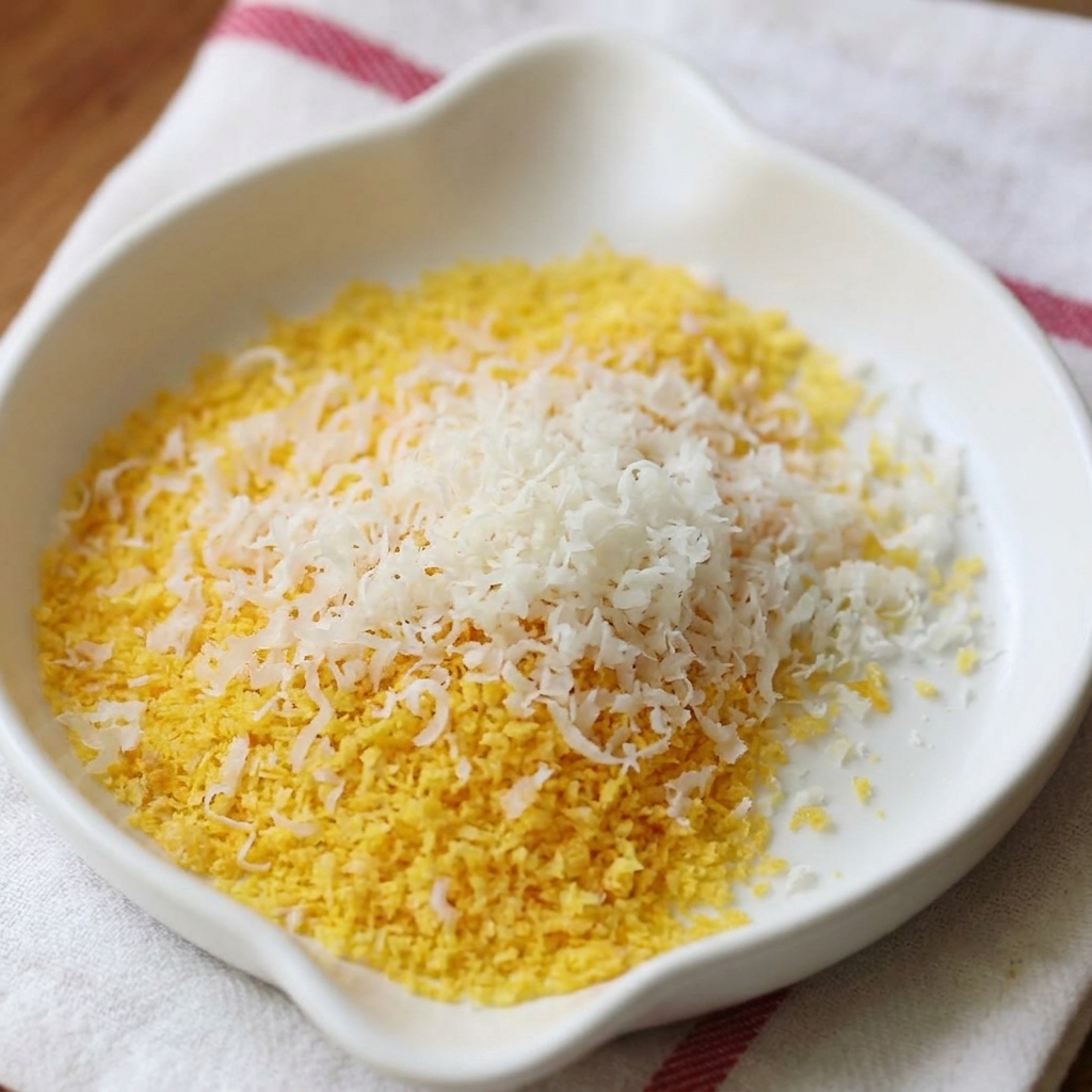 Un petit plat blanc contenant un mélange de chapelure jaune et de parmesan blanc finement râpé.