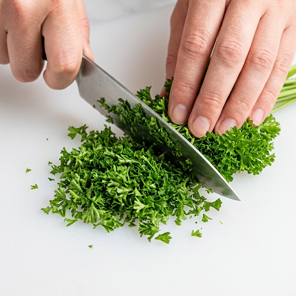 Des mains hachant finement du persil frisé frais sur une planche à découper blanche avec un couteau de chef.