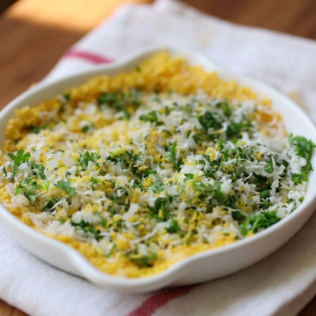 Une assiette blanche contenant un mélange de chapelure jaune, de parmesan blanc râpé et de persil vert haché.