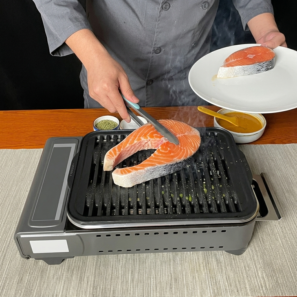 Darnes de saumon crues transférées sur une poêle à griller chaude à laide de pinces en métal.