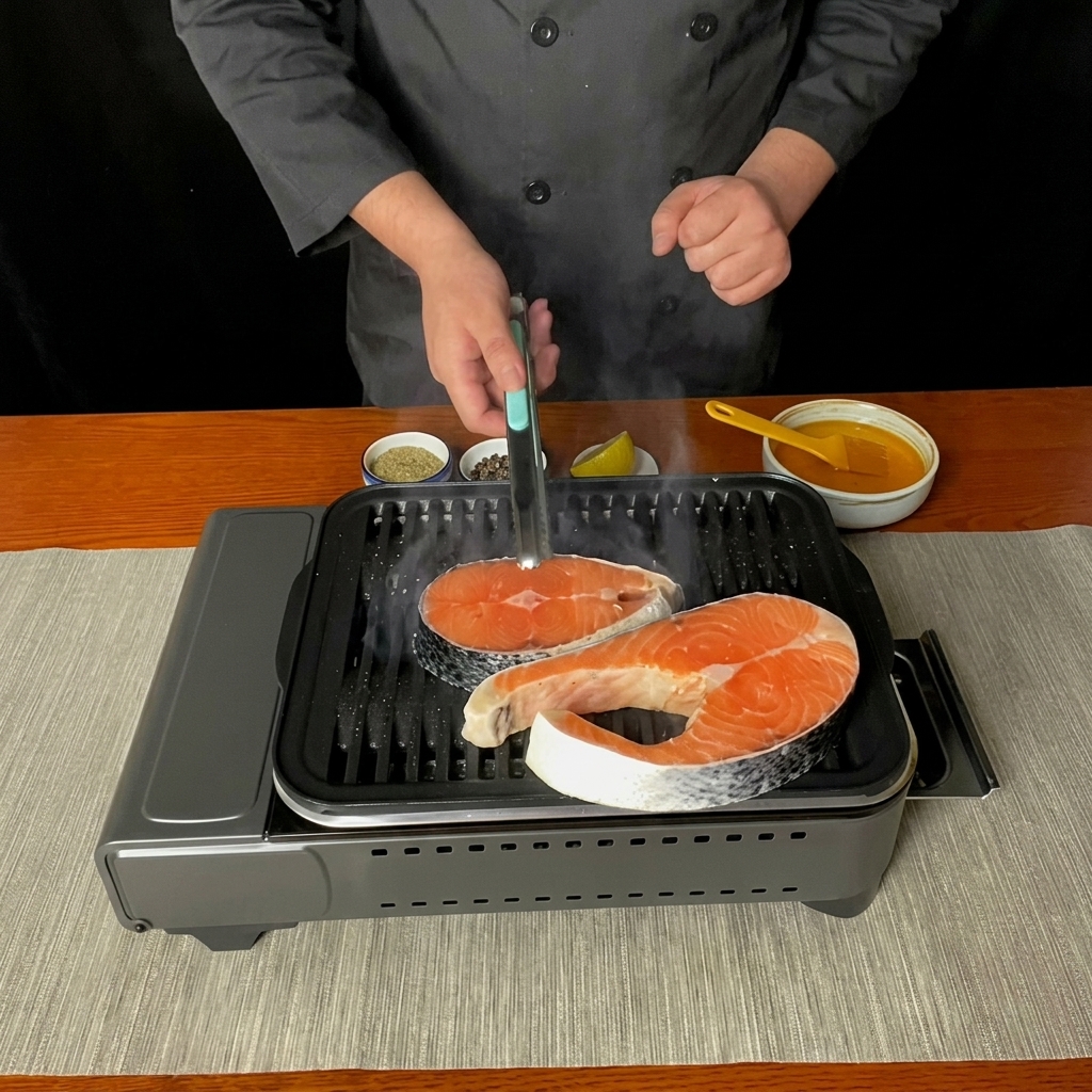 Darnes de saumon en train de saisir sur la poêle à griller avec des marques de gril bien visibles.