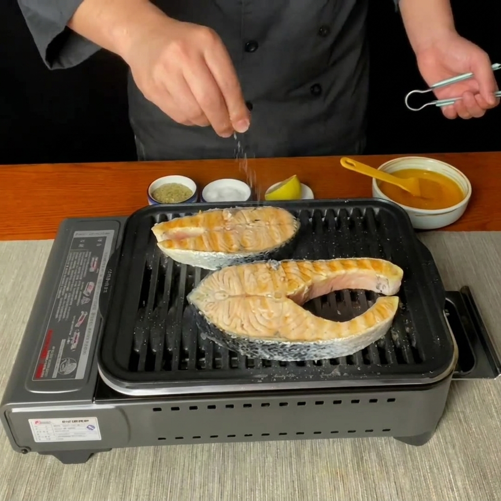 Du sel saupoudré par le haut sur les darnes de saumon cuisant sur le gril.