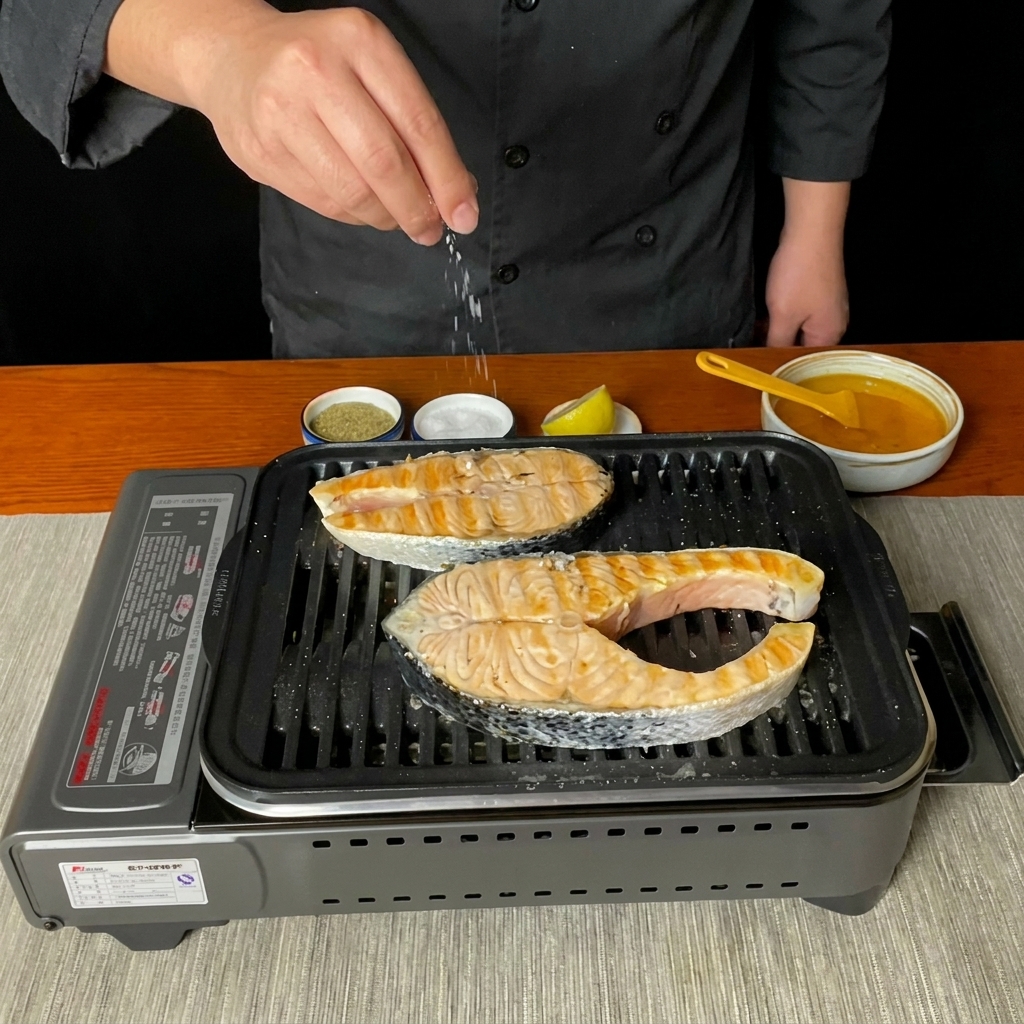 Romarin séché saupoudré sur les darnes de saumon sur le gril.