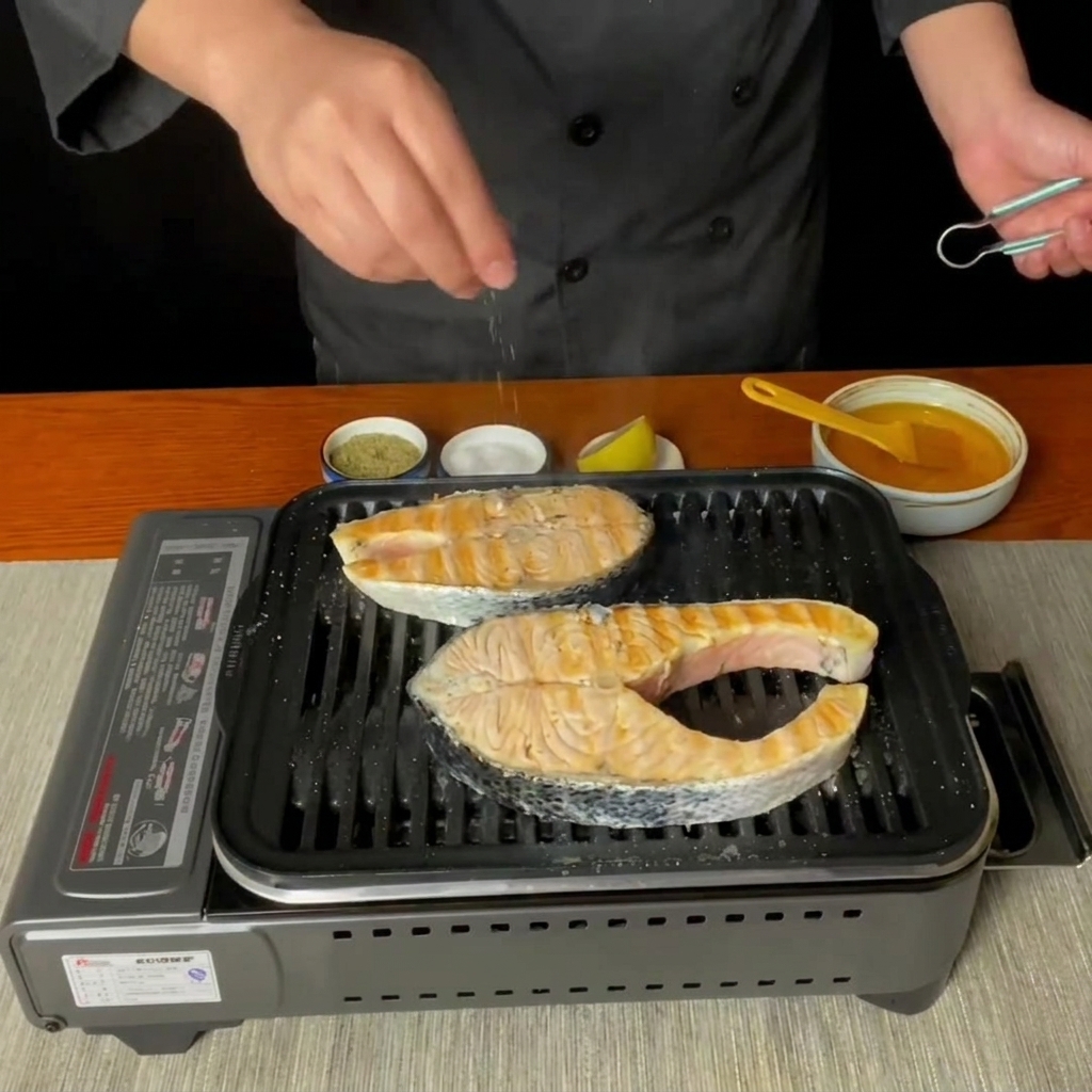 Jus de citron frais pressé sur les darnes de saumon sur la poêle à griller.