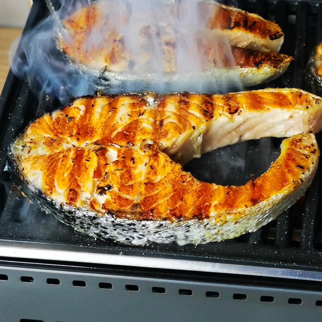 Darnes de saumon grillant sur une poêle chaude, avec de la vapeur qui sen dégage.