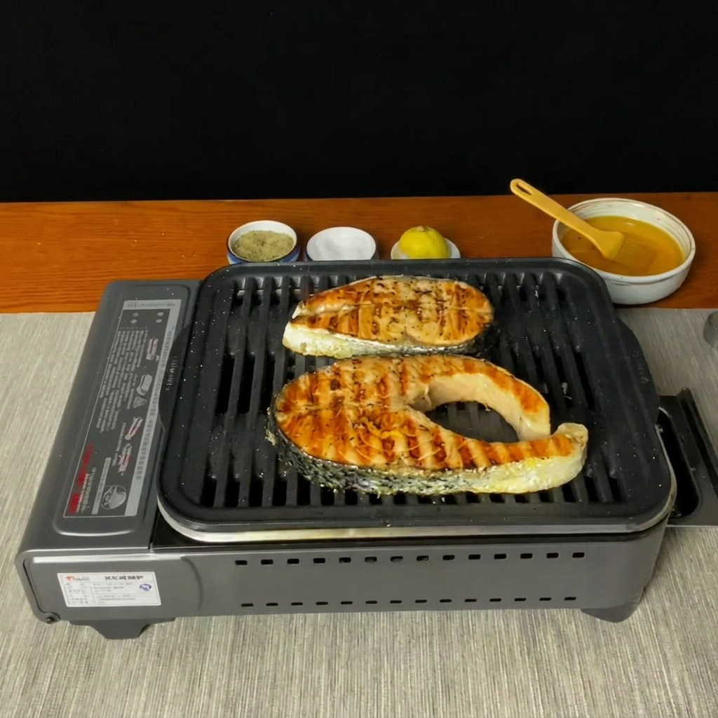 Poivre noir fraîchement moulu sur des darnes de saumon grillées et dorées.