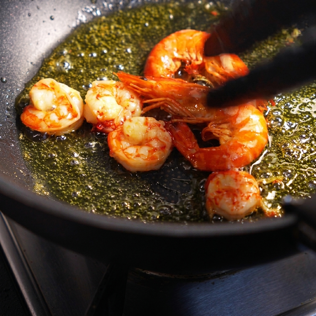 Crevettes fraîches saisies dans une poêle chaude avec de lhuile dolive jusquà ce quelles deviennent roses.