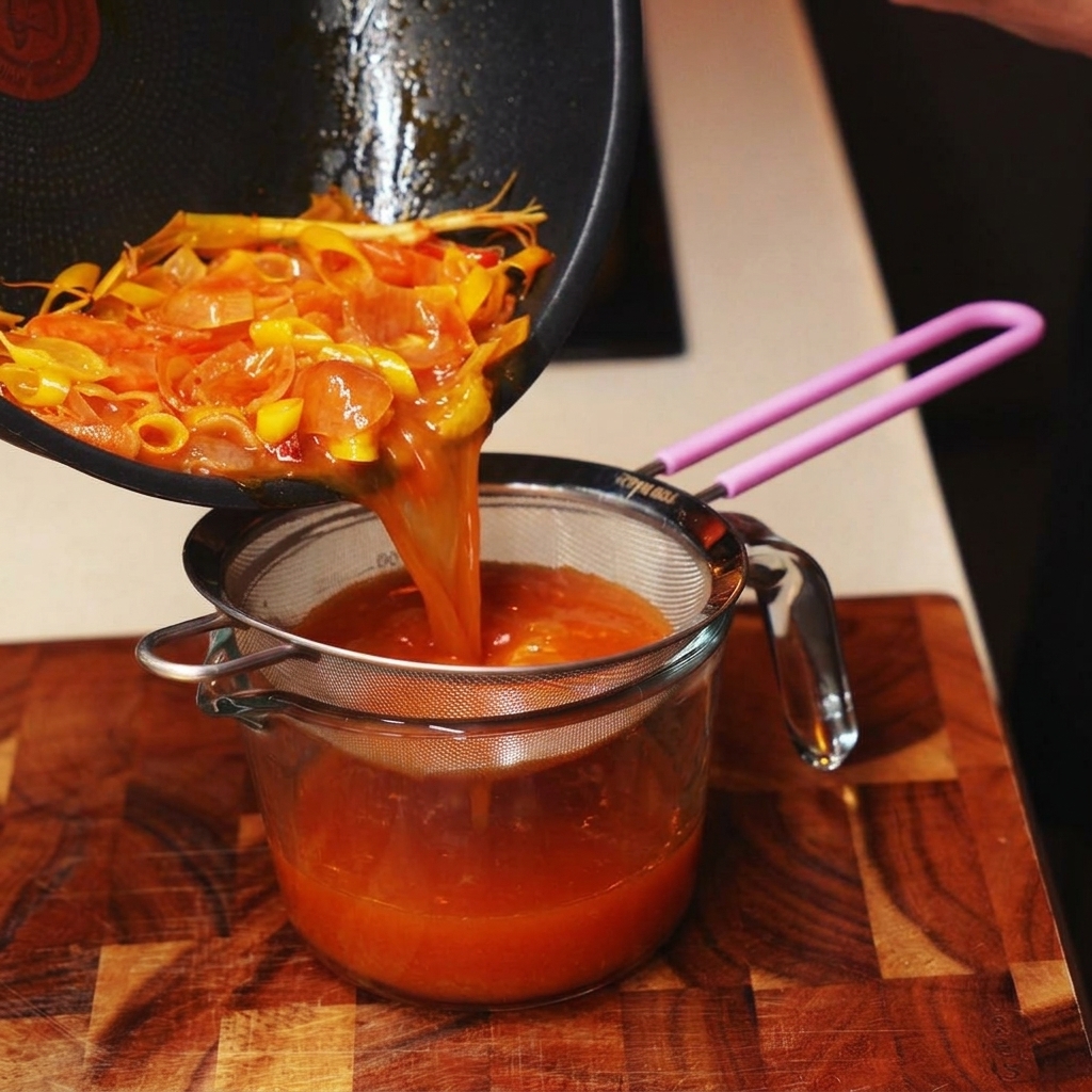 Tomates rouges en dés et champignons émincés versés dans une poêle remplie de bouillon aromatique.