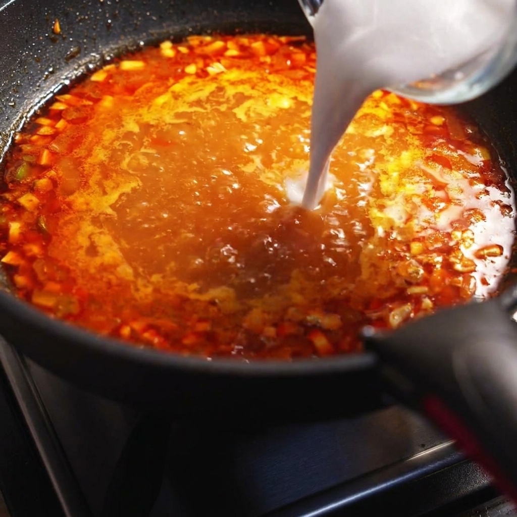 Lait de coco versé dans une marmite bouillonnante de soupe orangée.