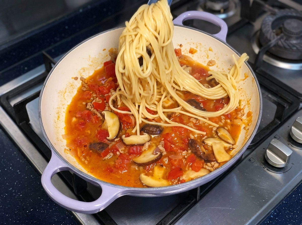 Des pinces soulevant une portion de spaghettis cuits au-dessus dune poêle remplie de sauce tomate rouge frémissante.