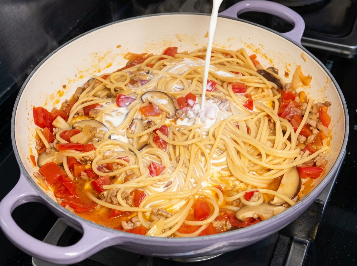 Un filet de lait ou de crème blanche versé au centre dune poêle remplie de spaghettis cuits et de sauce tomate.
