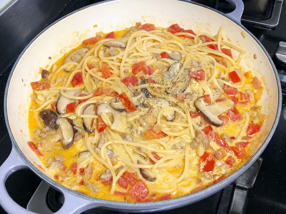 Des spaghettis crémeux mélangés avec des tomates et des champignons dans une poêle, saupoudrés de poivre noir fraîchement moulu.