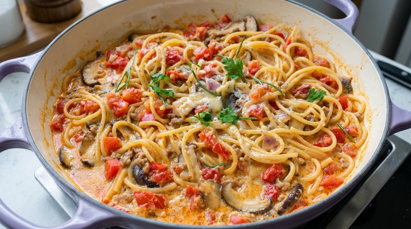 Spaghetti Tomate et Champignons Crémeux