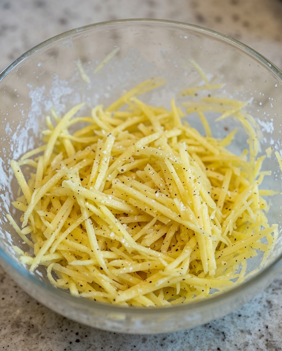 Pommes de terre râpées assaisonnées dans un bol en verre transparent légèrement enrobées dune pincée de farine.
