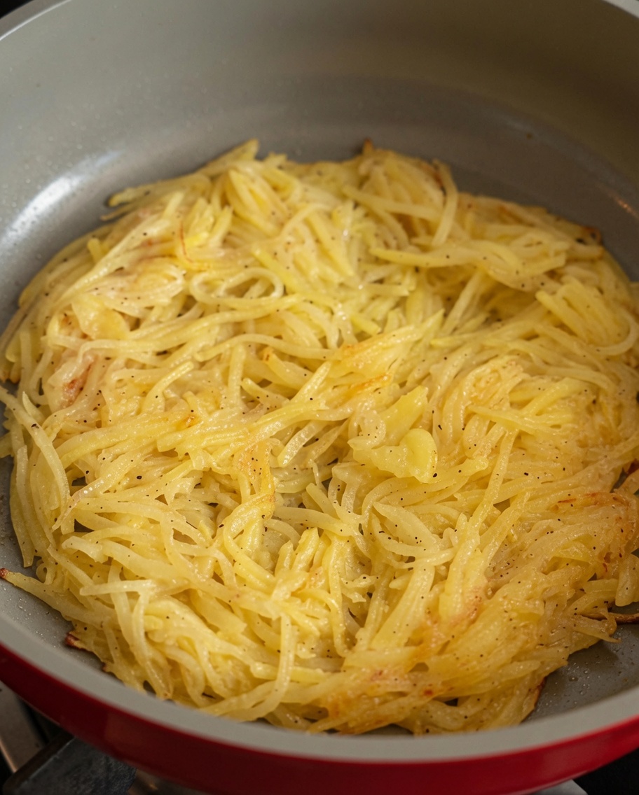 Une galette ronde de pommes de terre râpées cuisant dans une poêle, dorant autour de ses bords façonnés.