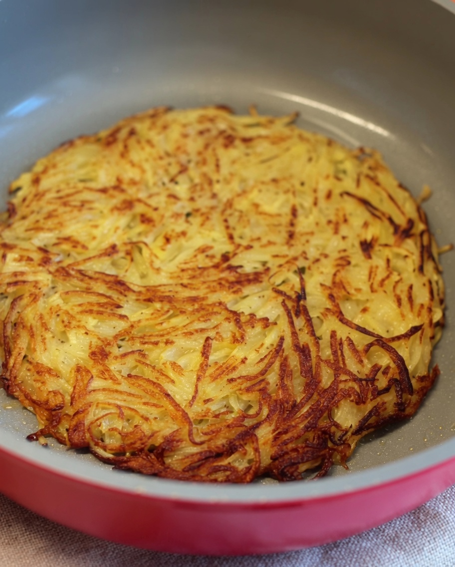 Une galette de pommes de terre ronde, parfaitement dorée et croustillante, reposant dans une poêle antiadhésive.