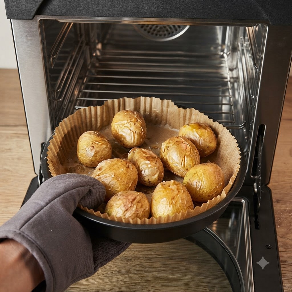Une main portant un gant de cuisine tenant un plat de pommes de terre cuites, montrant comment elles sont pressées à plat.