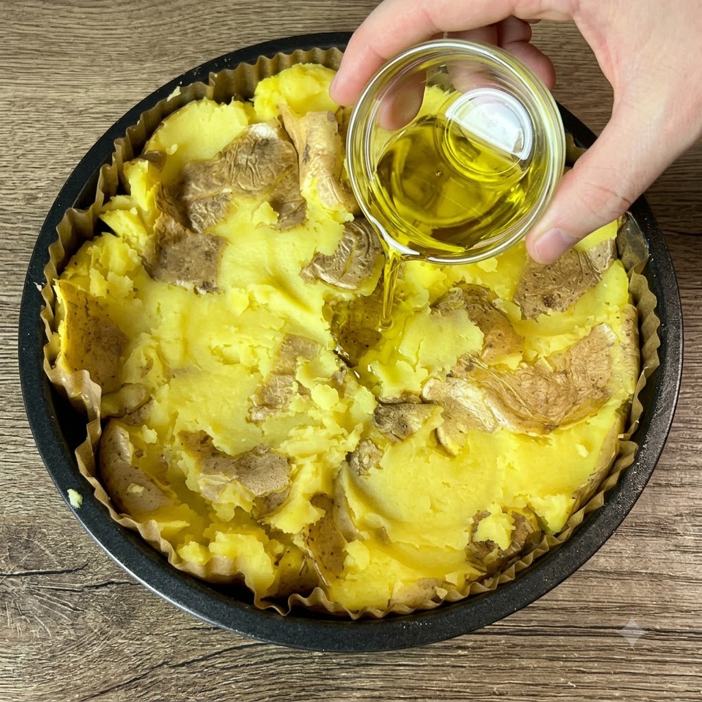 De lhuile dolive versée à partir dun petit bol en verre sur la surface des pommes de terre écrasées dans un plat de cuisson.