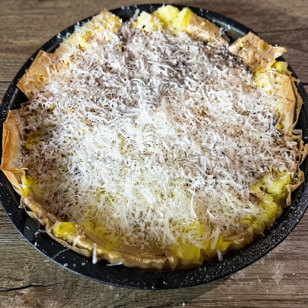 Un plat de cuisson rempli de pommes de terre écrasées entièrement recouvertes dune épaisse couche de fromage blanc fraîchement râpé.