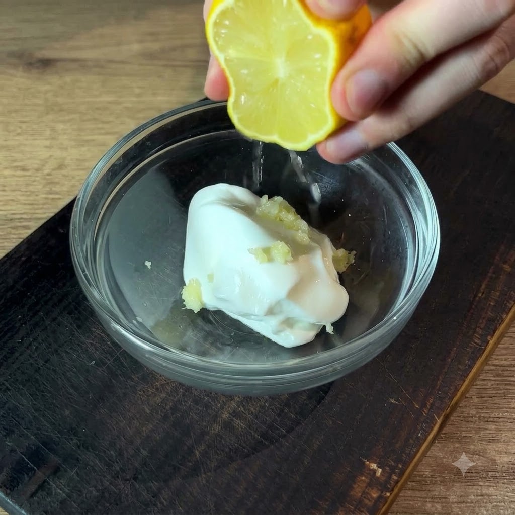 Un demi-citron frais pressé au-dessus dun bol en verre contenant de la crème fraîche et de lail émincé.